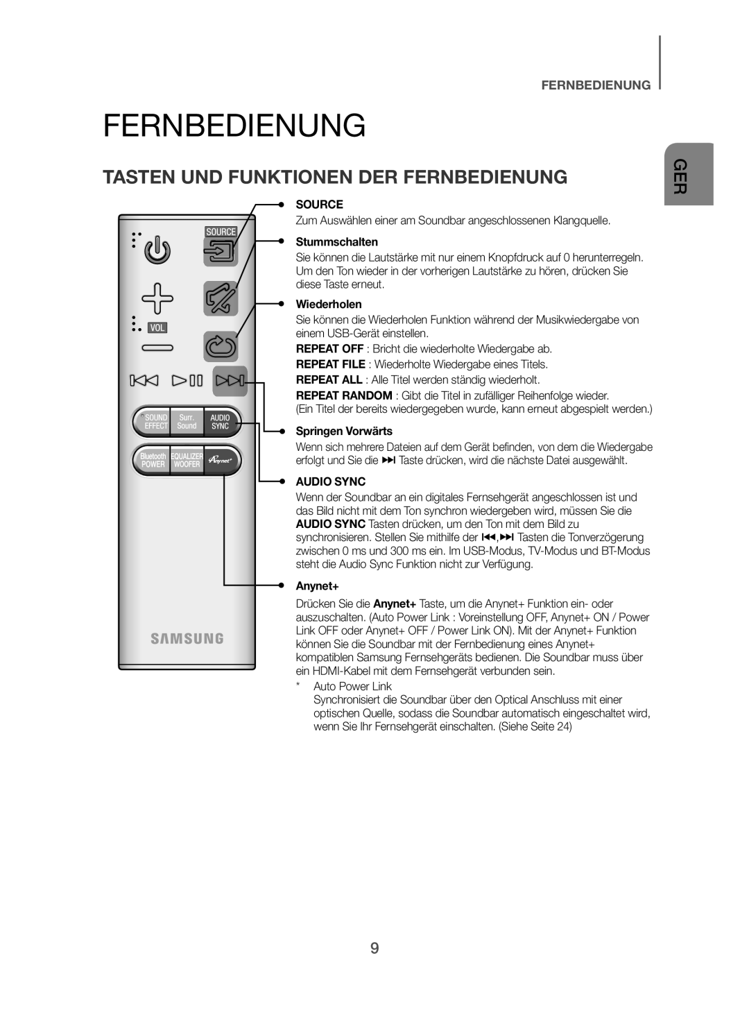 Samsung HW-H7500/EN manual Tasten UND Funktionen DER Fernbedienung, Stummschalten, Wiederholen, Springen Vorwärts 