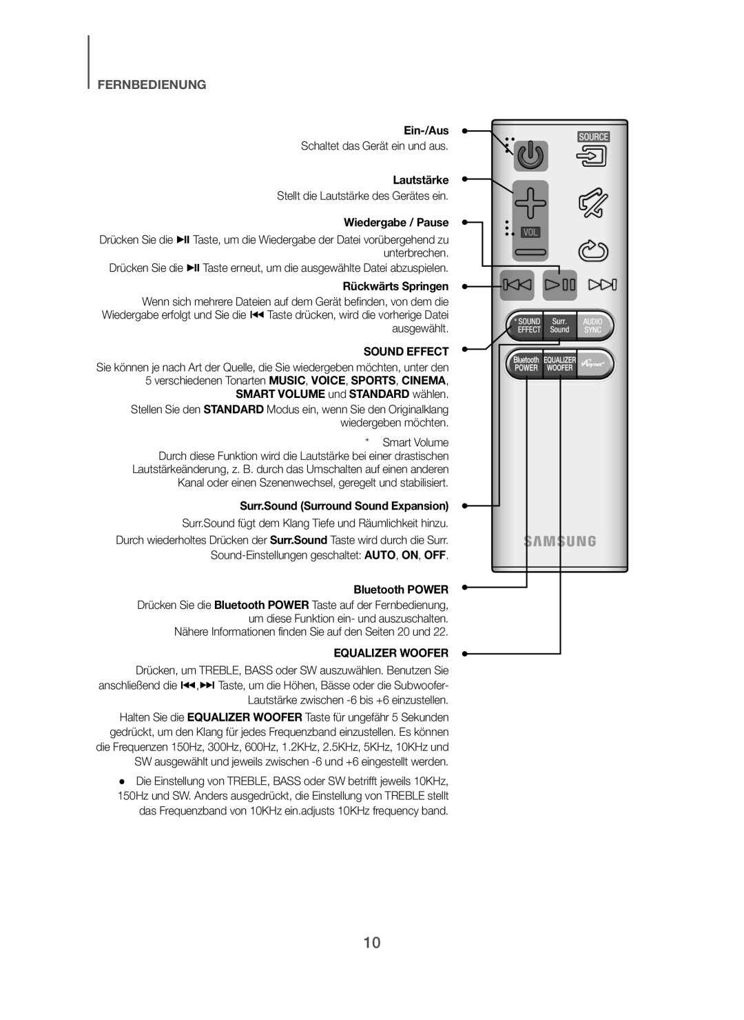 Samsung HW-H7501/EN, HW-H7500/EN, HW-H7500/TK, HW-H7501/ZF manual Ein-/Aus, Lautstärke, Wiedergabe / Pause, Rückwärts Springen 