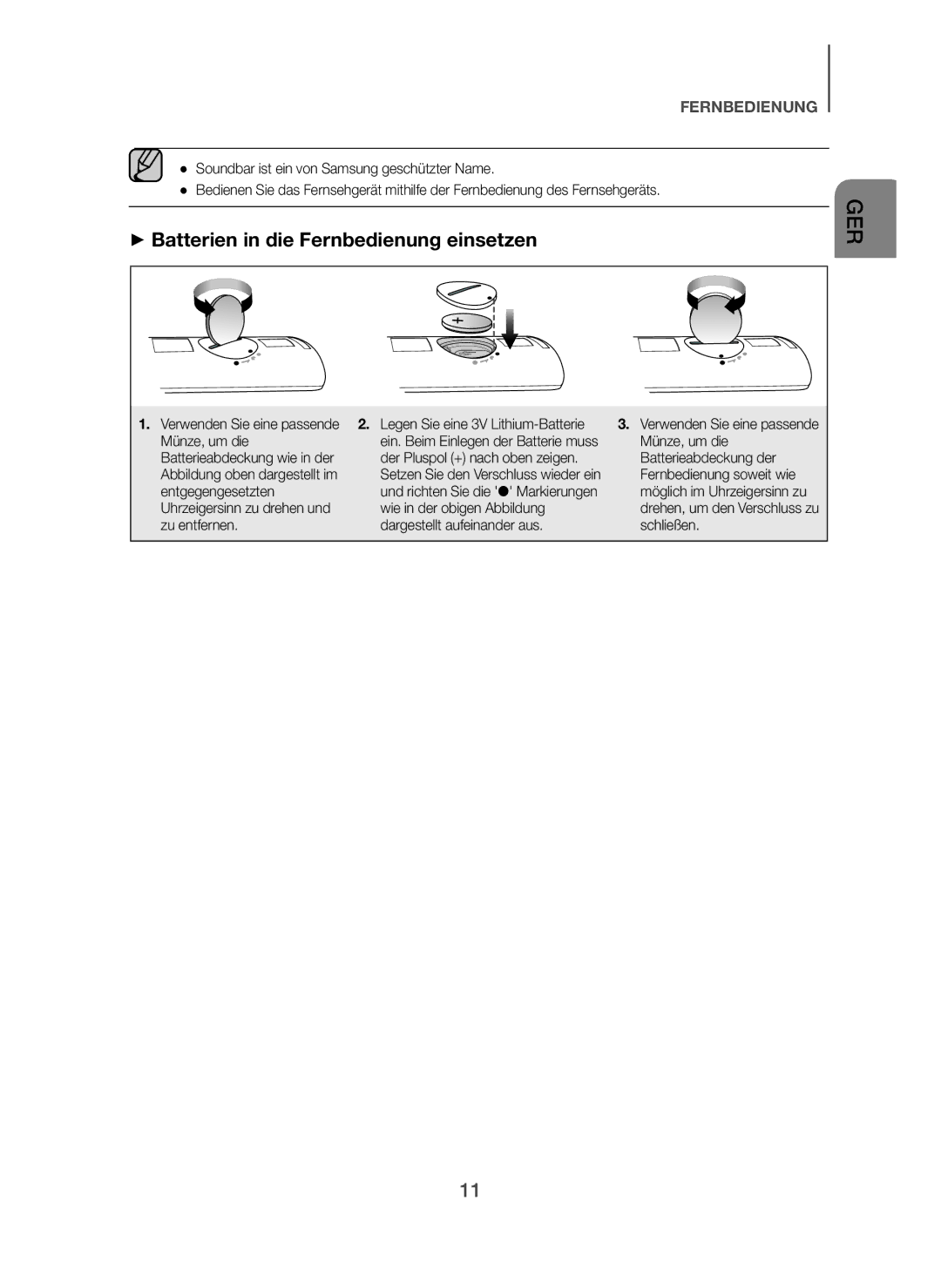 Samsung HW-H7500/TK, HW-H7500/EN, HW-H7501/EN, HW-H7501/ZF, HW-H7500/ZF manual + Batterien in die Fernbedienung einsetzen 