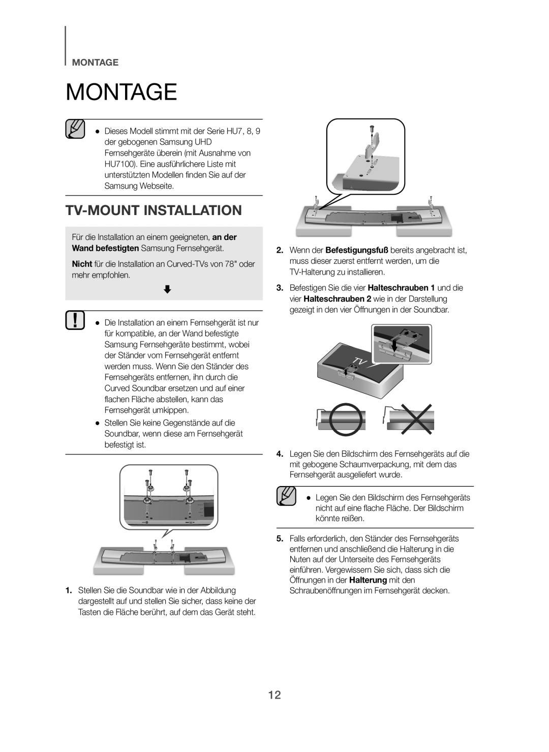 Samsung HW-H7501/ZF, HW-H7500/EN, HW-H7501/EN, HW-H7500/TK, HW-H7500/ZF, HW-H7500/XN manual Montage, TV-MOUNT Installation 