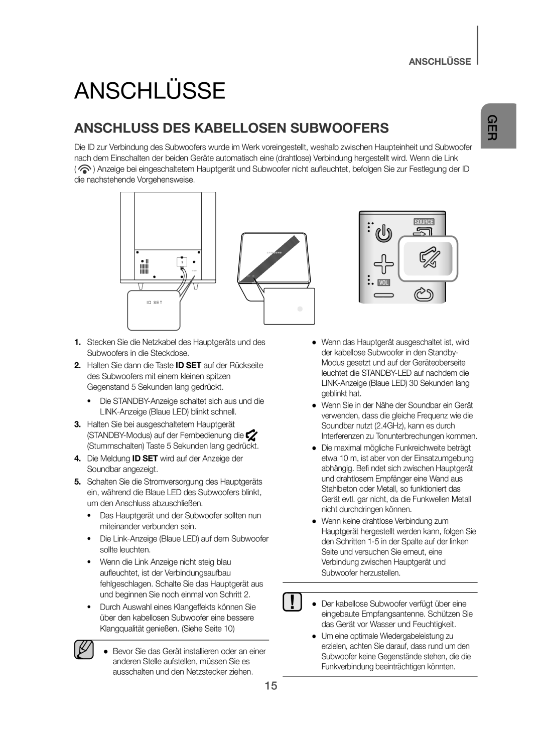 Samsung HW-H7501/XN, HW-H7500/EN, HW-H7501/EN, HW-H7500/TK, HW-H7501/ZF manual Anschlüsse, Anschluss DES Kabellosen Subwoofers 