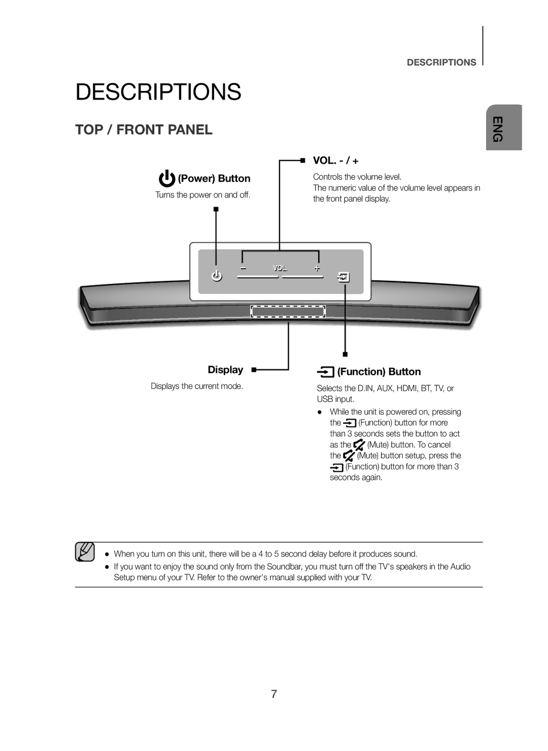 Samsung HW-H7500/XE, HW-H7500/EN, HW-H7501/EN, HW-H7500/TK, HW-H7501/ZF, HW-H7500/ZF manual Descriptions, TOP / Front Panel 