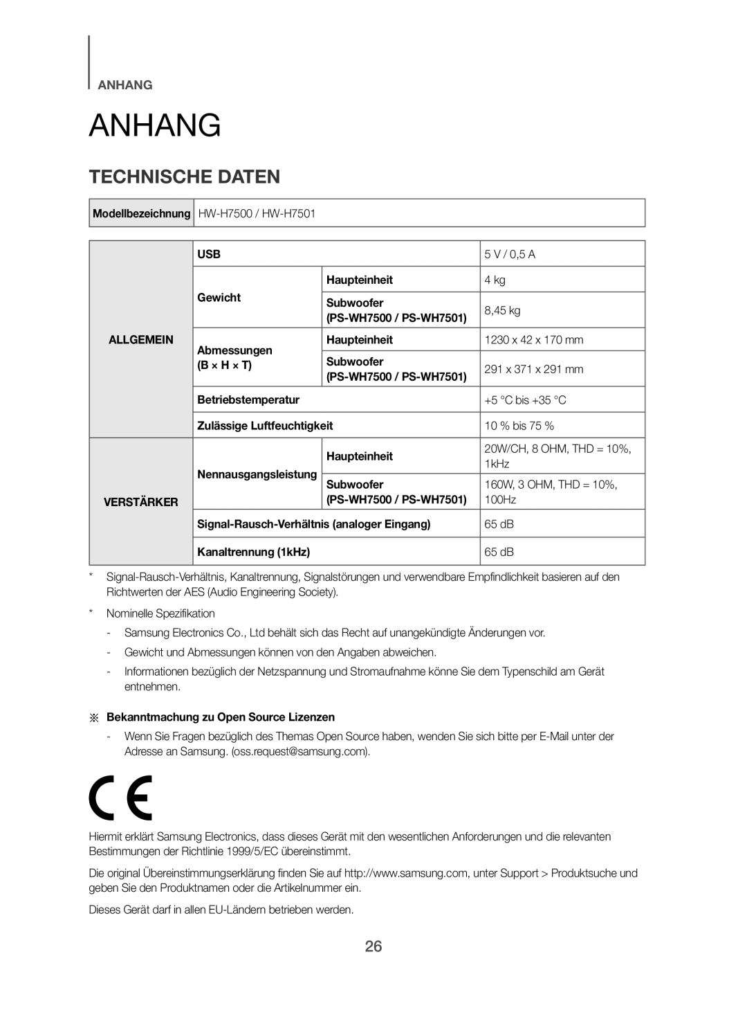 Samsung HW-H7501/XE, HW-H7500/EN, HW-H7501/EN, HW-H7500/TK, HW-H7501/ZF, HW-H7500/ZF, HW-H7500/XN manual Anhang, Technische Daten 