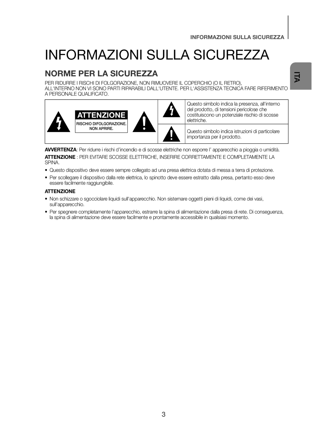 Samsung HW-H7501/ZF, HW-H7500/EN, HW-H7501/EN, HW-H7500/TK Informazioni Sulla Sicurezza, Norme PER LA Sicurezza, Attenzione 