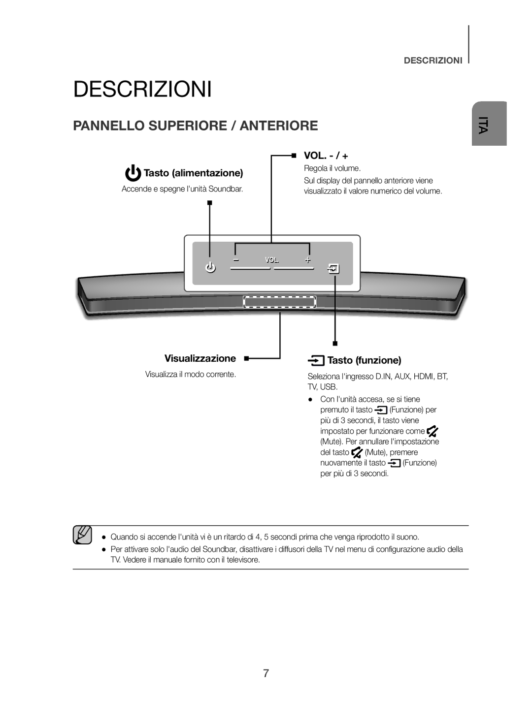 Samsung HW-H7500/XE manual Descrizioni, Pannello Superiore / Anteriore, Tasto alimentazione, Visualizzazione Tasto funzione 