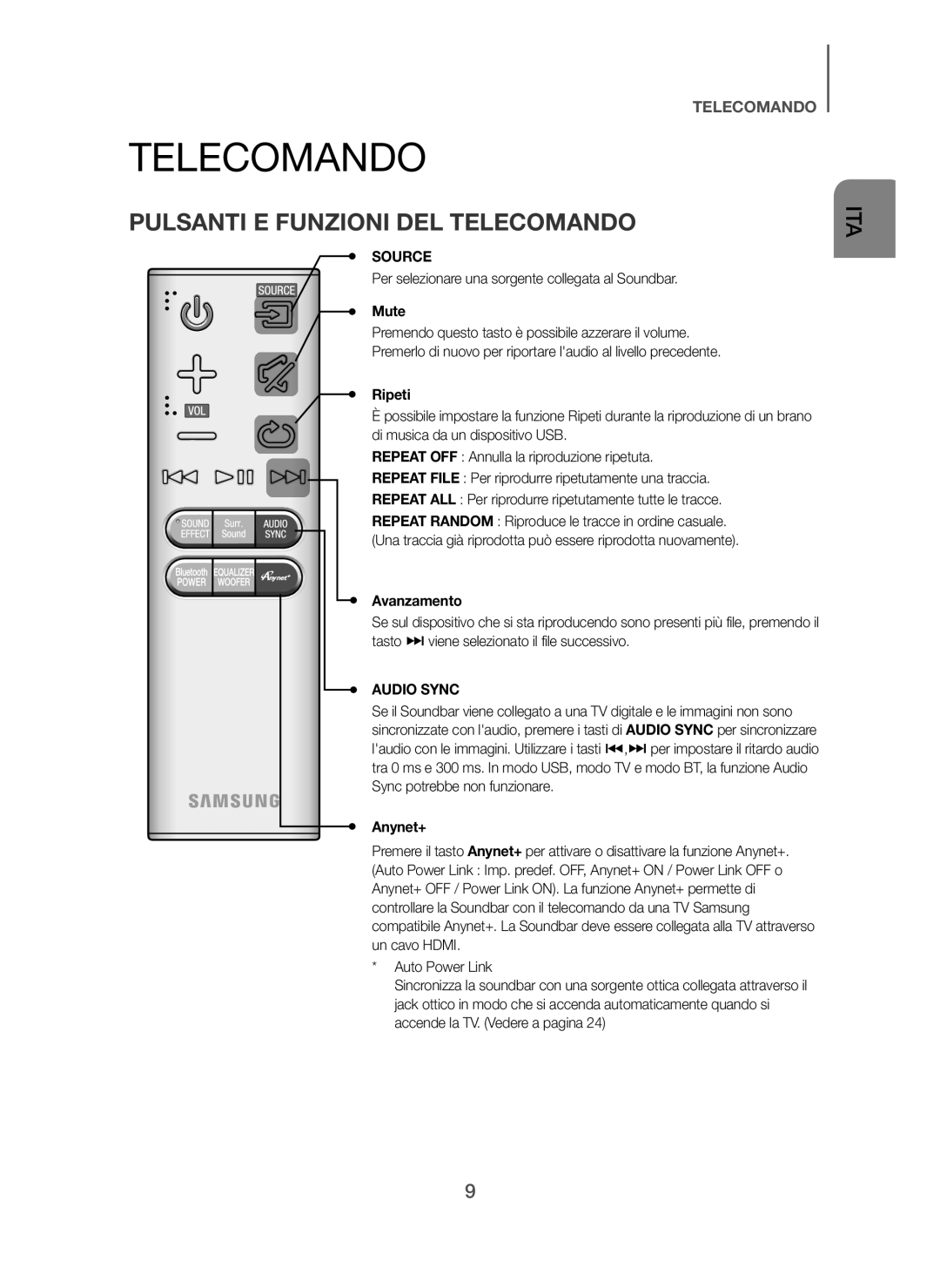 Samsung HW-H7500/EN Pulsanti E Funzioni DEL Telecomando, Per selezionare una sorgente collegata al Soundbar, Ripeti 