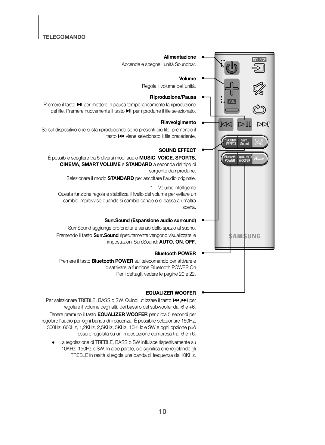 Samsung HW-H7501/EN, HW-H7500/EN Alimentazione, Riproduzione/Pausa, Riavvolgimento, Surr.Sound Espansione audio surround 