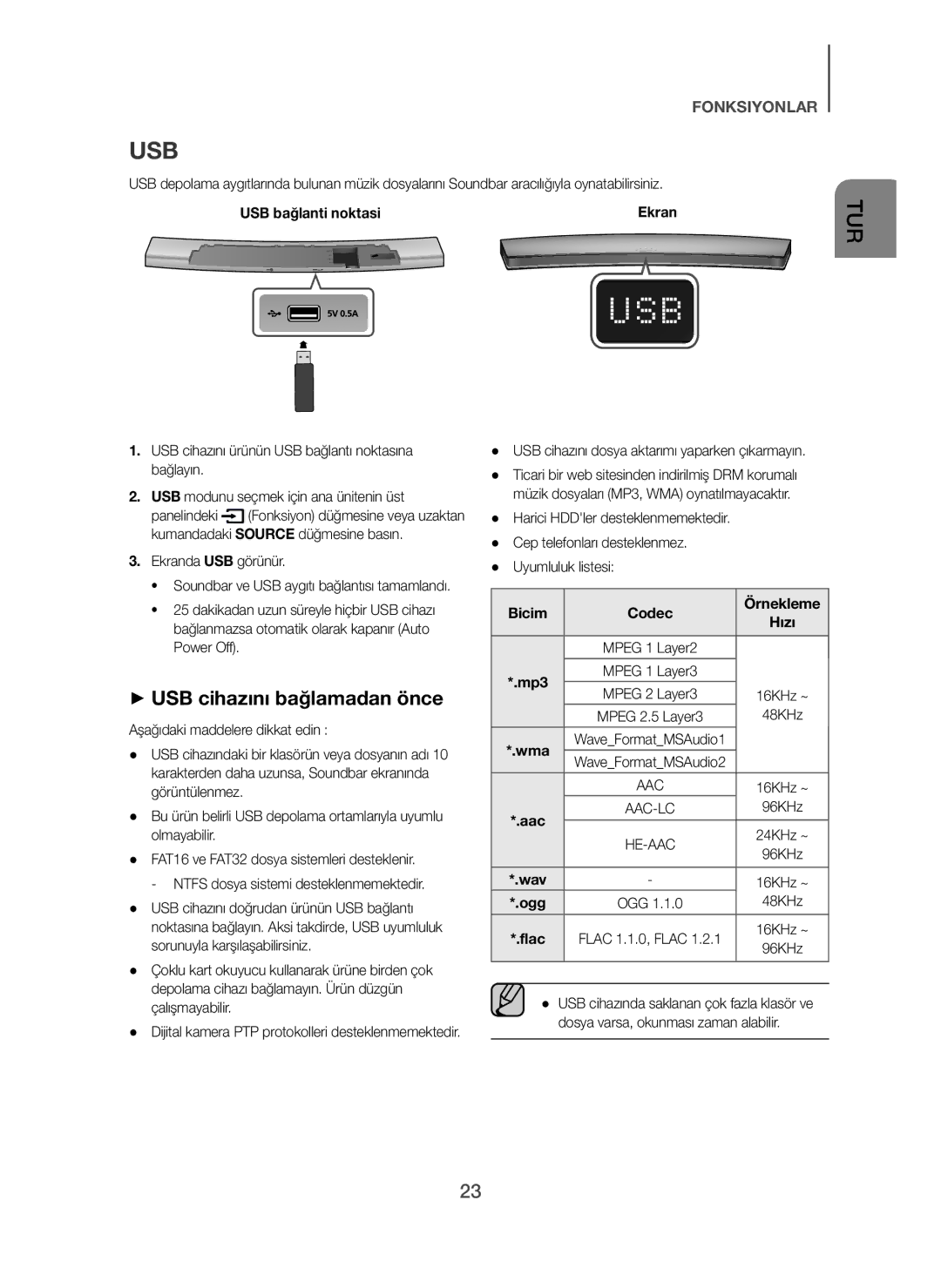 Samsung HW-H7501/EN, HW-H7500/EN, HW-H7500/TK, HW-H7501/ZF manual Usb, + USB cihazını bağlamadan önce 