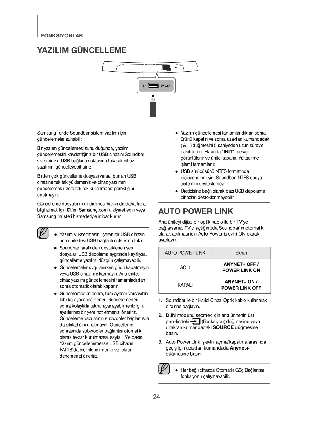 Samsung HW-H7500/TK, HW-H7500/EN, HW-H7501/EN, HW-H7501/ZF manual Yazilim Güncelleme, Auto Power Link, Ekran 