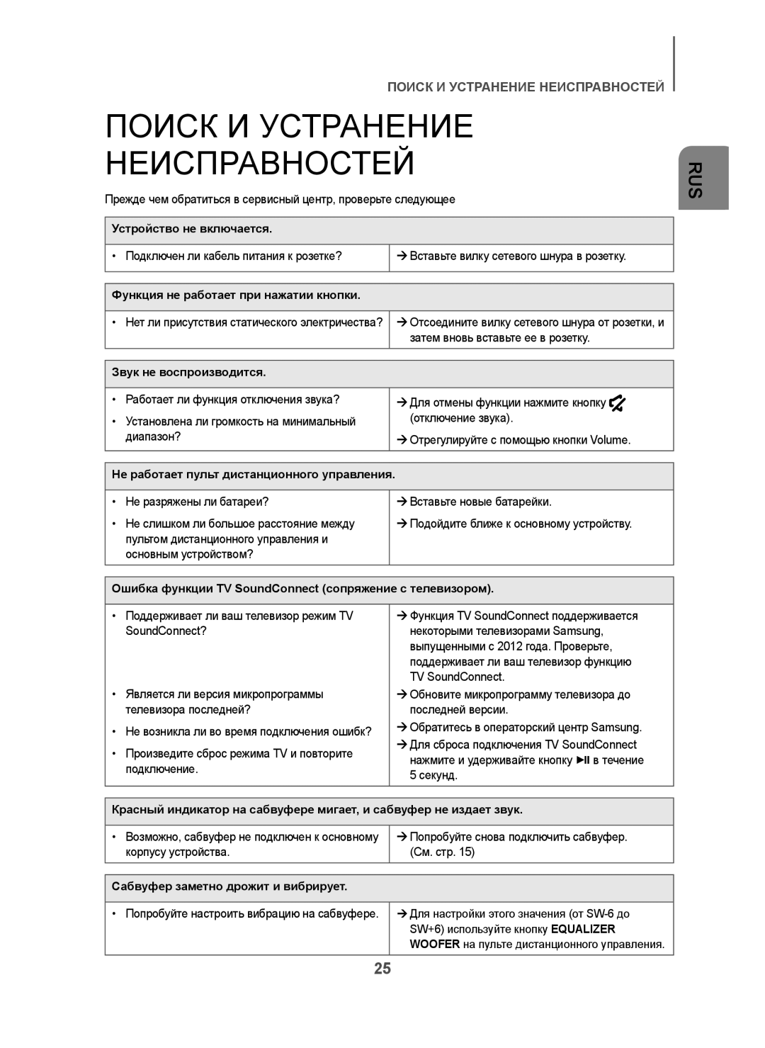 Samsung HW-H7501/RU manual Поиск И Устранение Неисправностей 