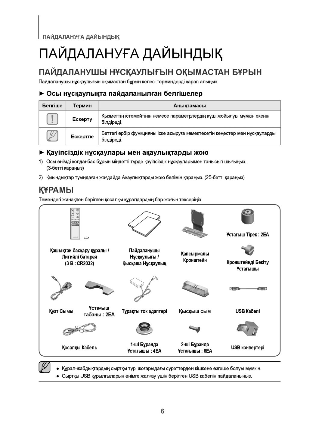 Samsung HW-H7501/RU manual Пайдаланушы Нұсқаулығын Оқымастан Бұрын, Құрамы, + Осы нұсқаулықта пайдаланылған белгішелер 