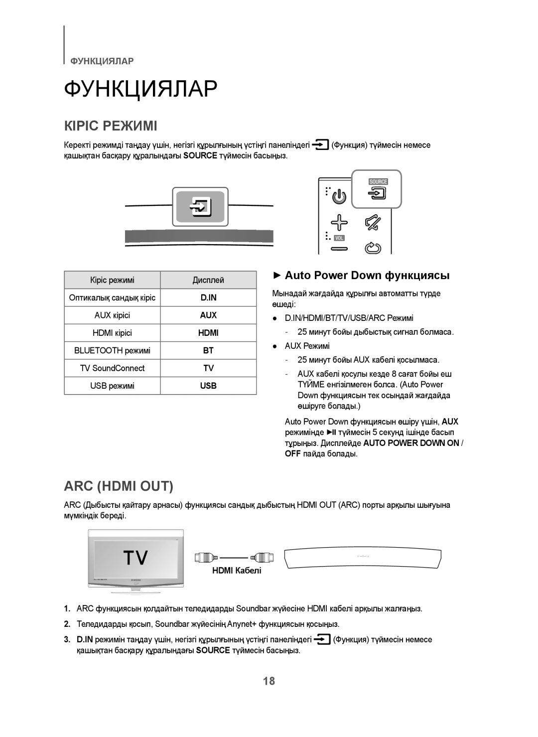 Samsung HW-H7501/RU manual Функциялар, + Auto Power Down функциясы, Hdmi Кабелі 