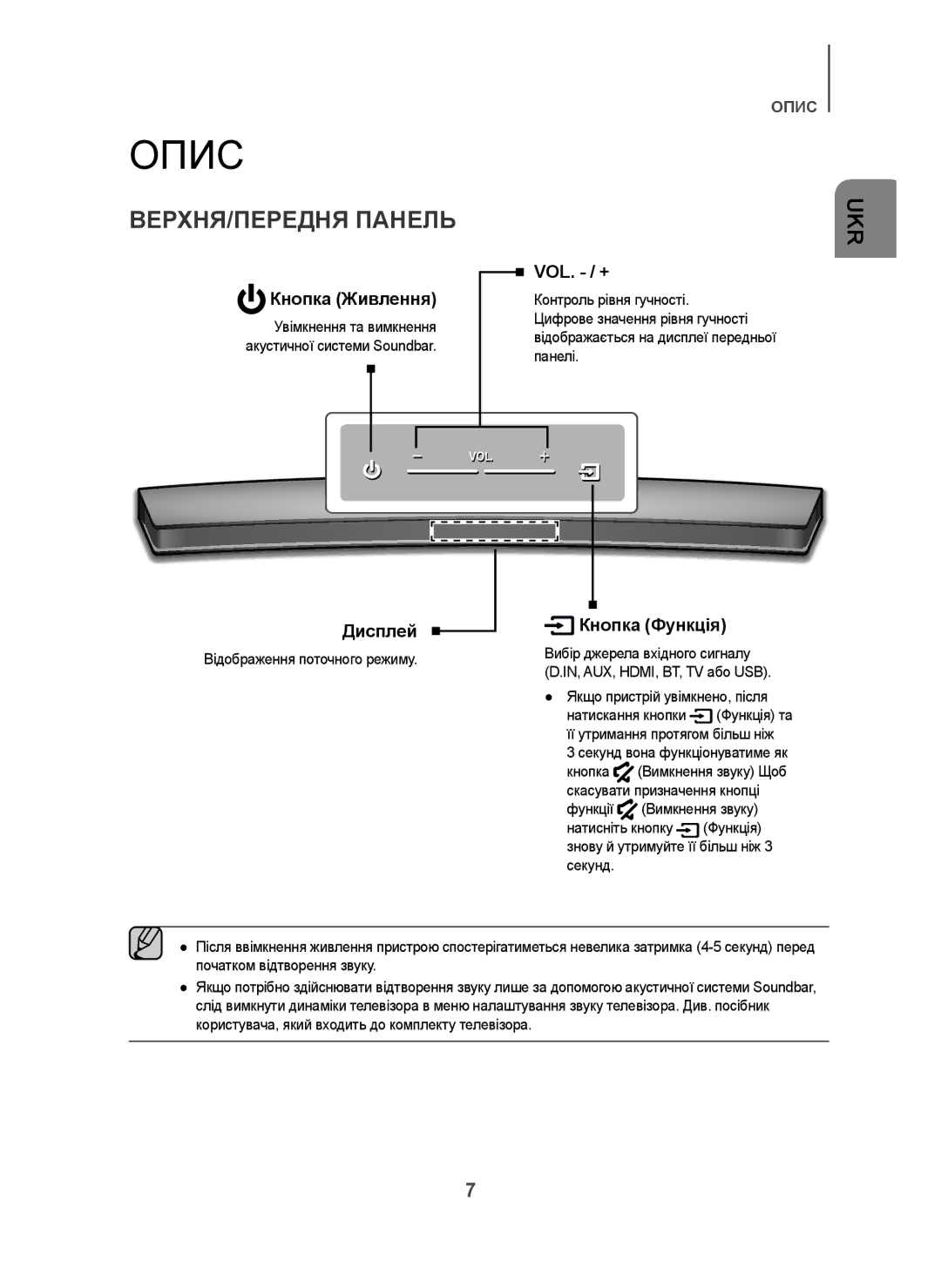 Samsung HW-H7501/RU manual Опис, ВЕРХНЯ/ПЕРЕДНЯ Панель 