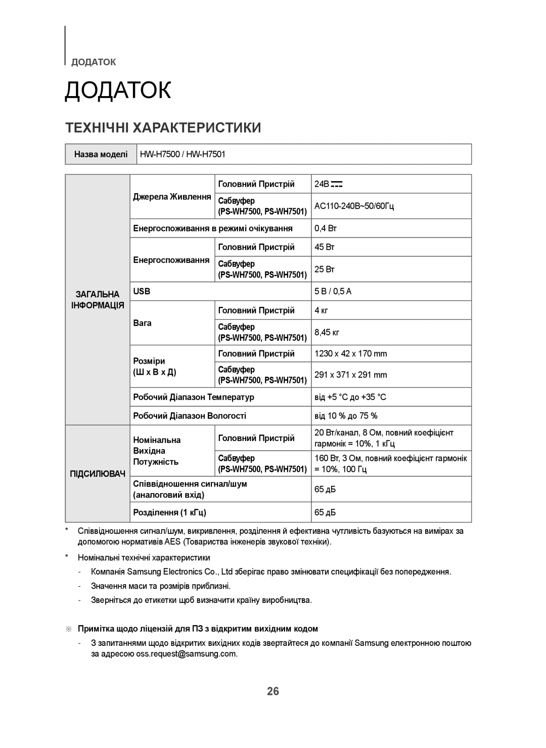 Samsung HW-H7501/RU manual Додаток, Технічні Характеристики, Інформація 