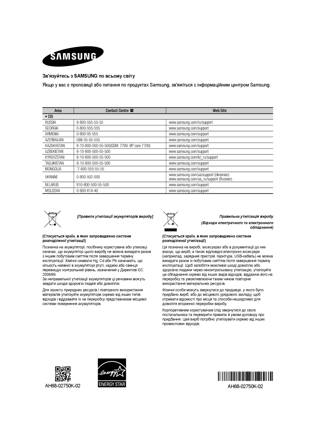 Samsung HW-H7501/RU manual Звязуйтесь з Samsung по всьому світу, AH68-02750K-02 