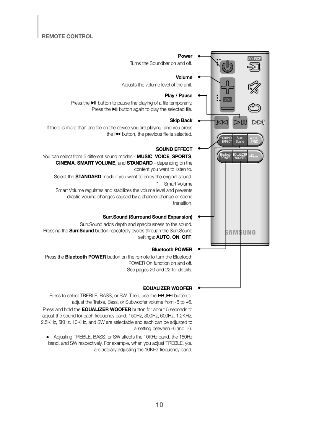 Samsung HW-H7501/SQ manual Volume, Play / Pause, Skip Back, Surr.Sound Surround Sound Expansion, Bluetooth Power 