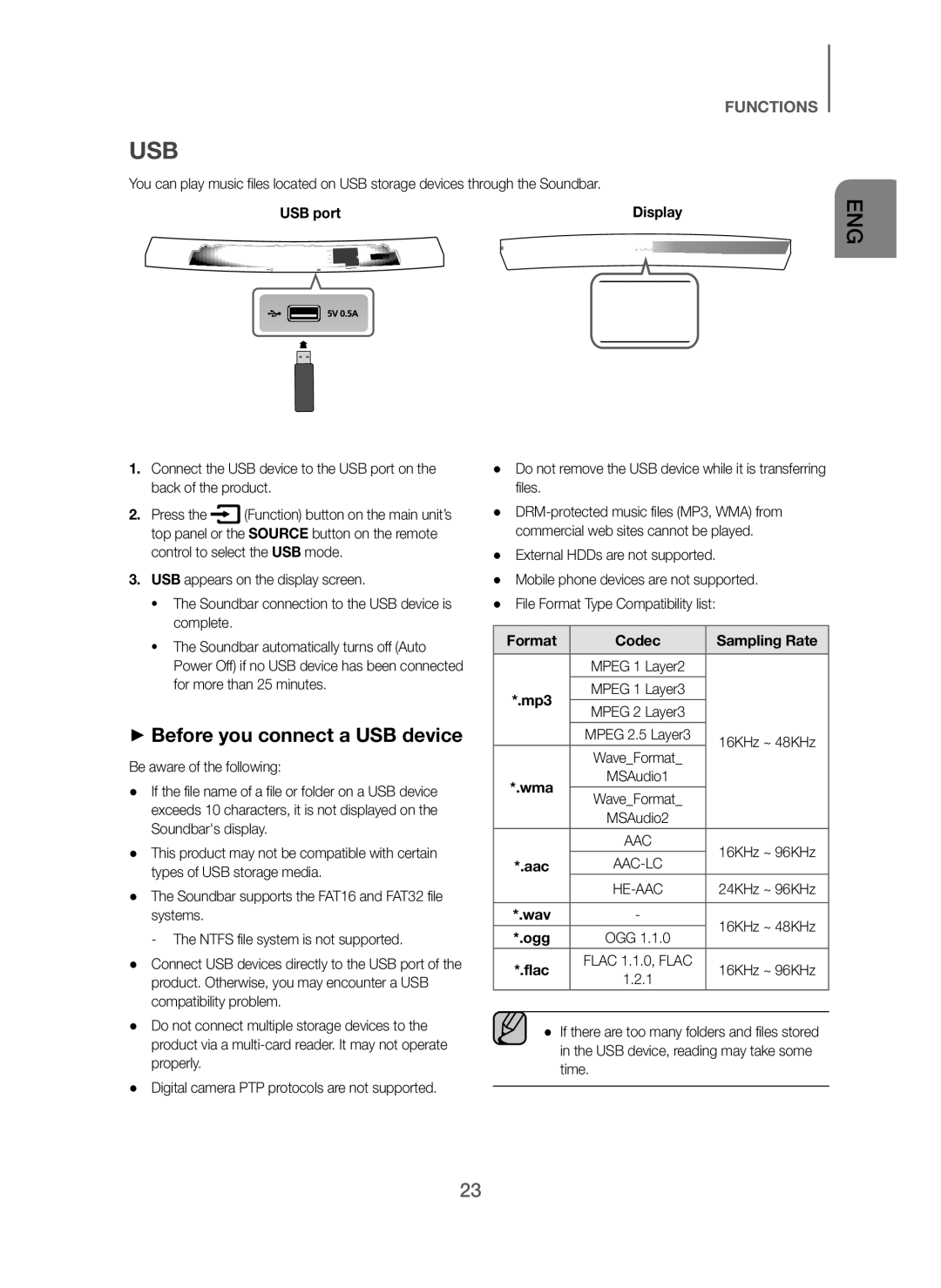 Samsung HW-H7501/SQ manual Usb, + Before you connect a USB device, USB port, Format Codec Sampling Rate, Ogg 