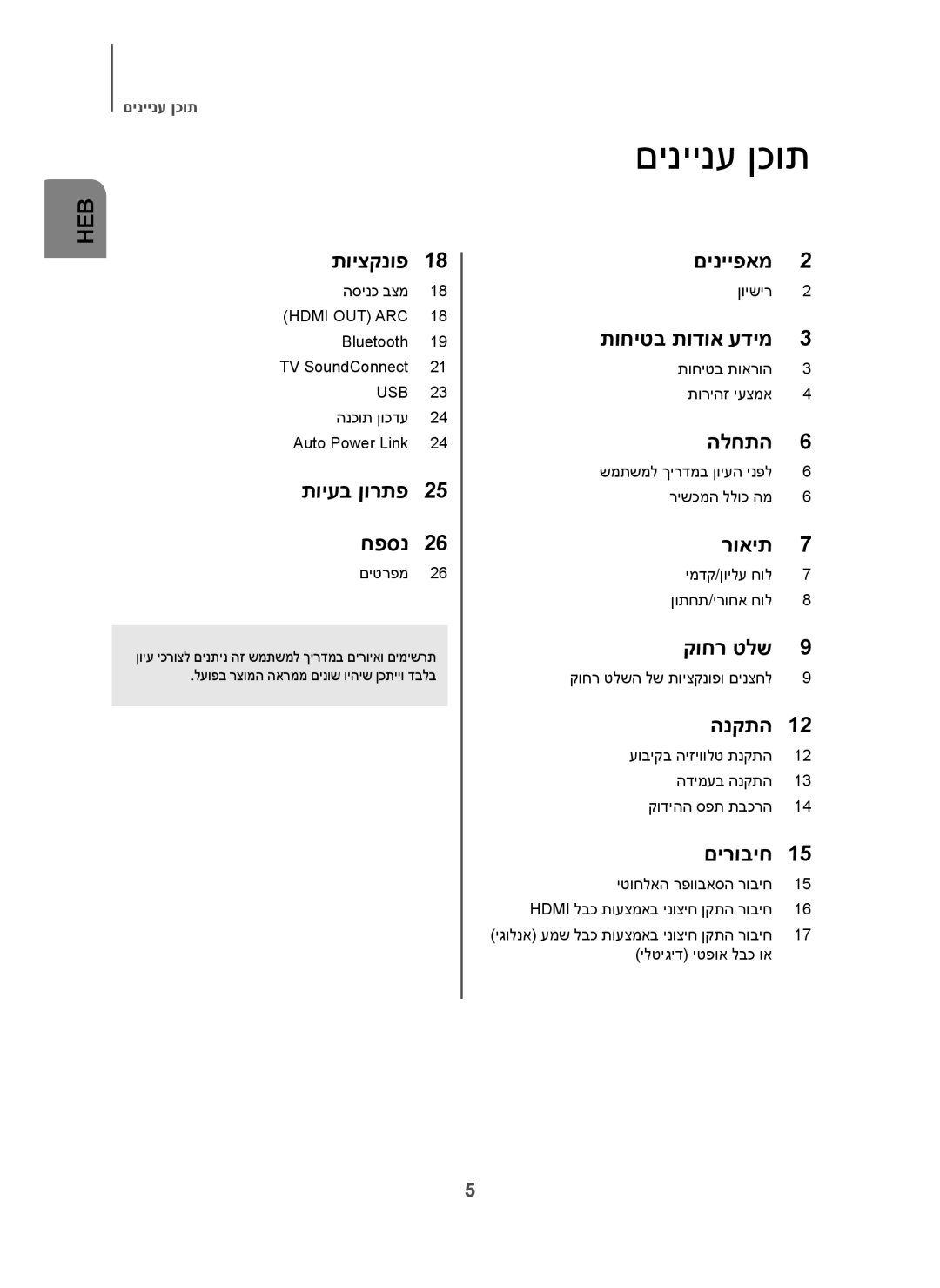 Samsung HW-H7501/SQ manual םיניינע ןכות, TV SoundConnect, יגולנא עמש לבכ תועצמאב ינוציח ןקתה רוביח 