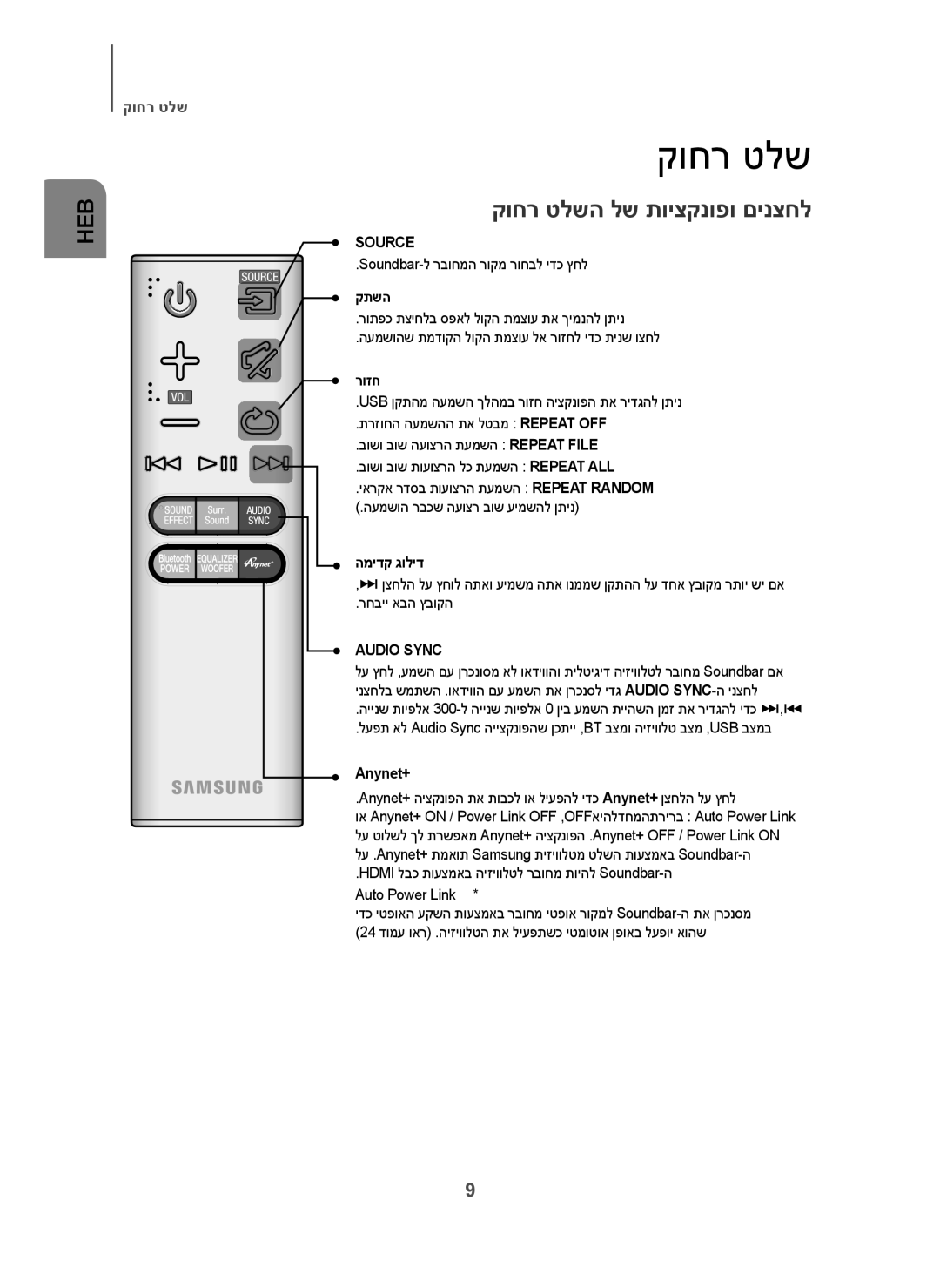 Samsung HW-H7501/SQ manual קוחר טלשה לש תויצקנופו םינצחל, קתשה, רוזח, המידק גוליד 