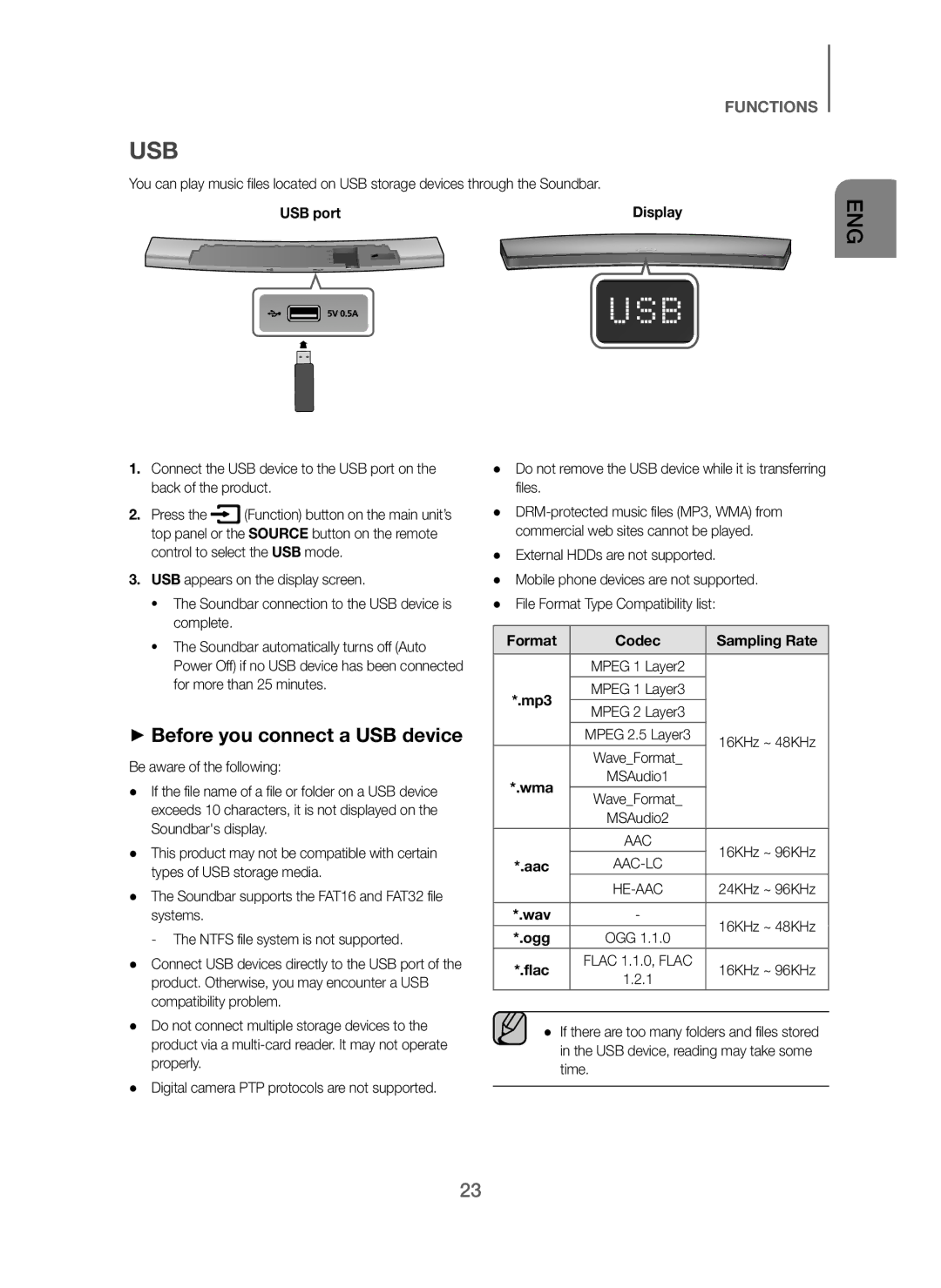 Samsung HW-H7501/XV manual Usb, + Before you connect a USB device, USB port, Format Codec Sampling Rate, Ogg 