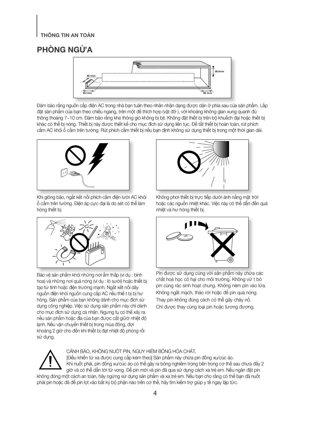 Samsung HW-H7501/XV manual Phòng Ngừa, Cảnh BÁO, Không Nuốt PIN, Nguy Hiểm Bỏng HÓA Chất 