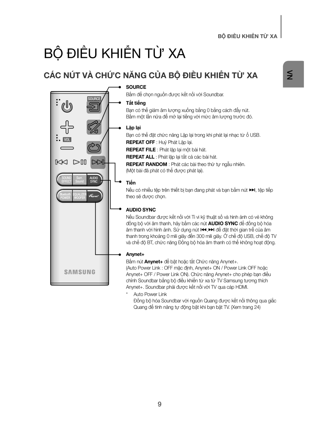 Samsung HW-H7501/XV manual CÁC NÚT VÀ Chức Năng CỦA BỘ Điều Khiển TỪ XA, Tắt tiếng, Lặp lại, Tiến 