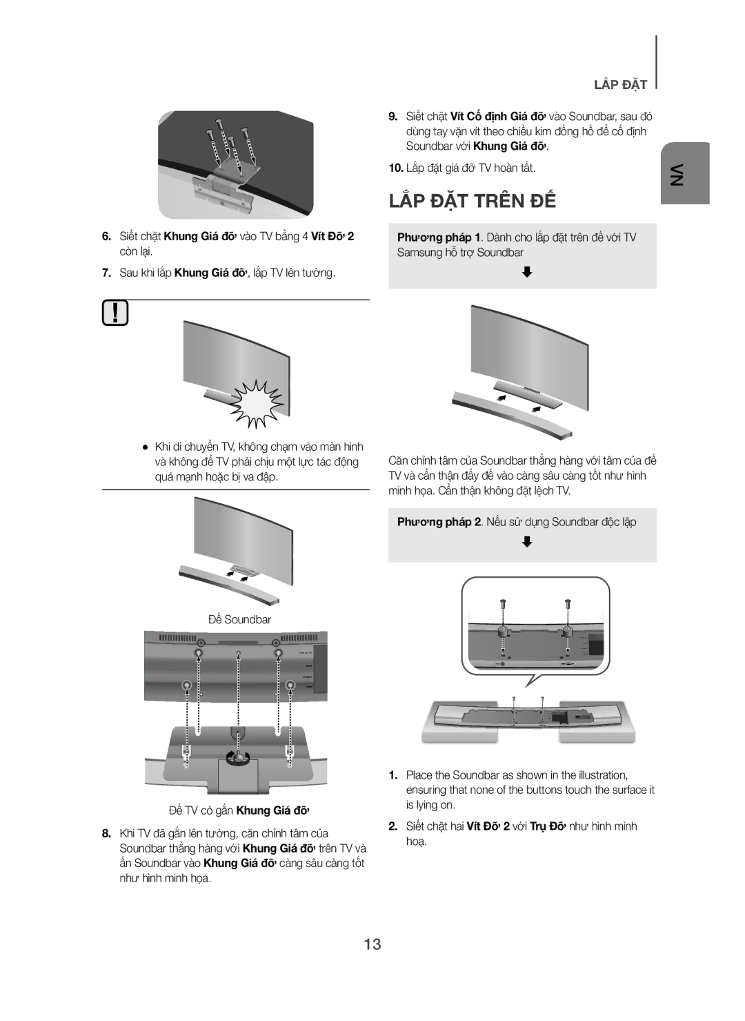 Samsung HW-H7501/XV manual LẮP ĐẶT Trên ĐẾ, Siết chặt Khung Giá đỡ vào TV bằng 4 Vít Đỡ 2 còn lại 