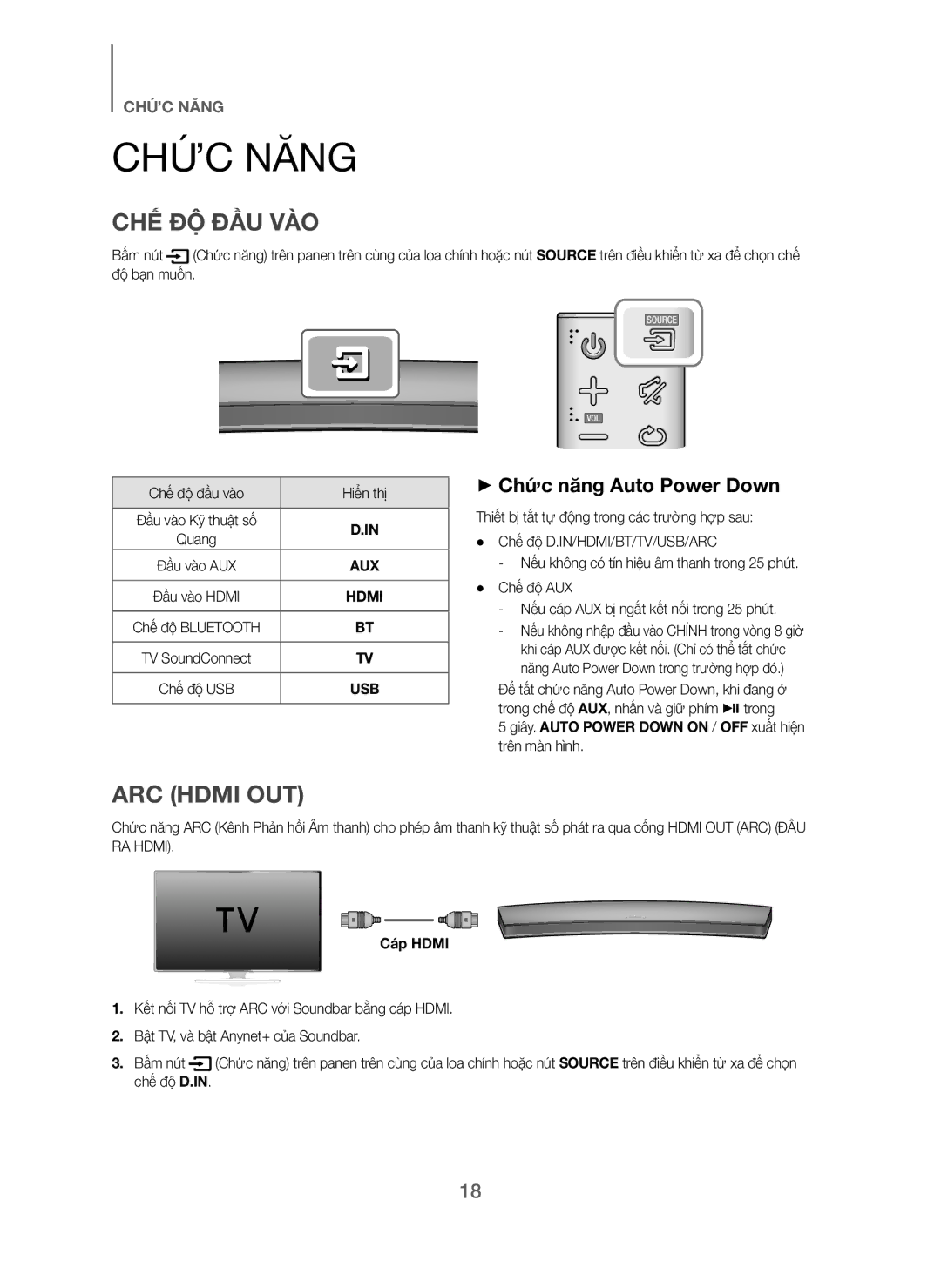 Samsung HW-H7501/XV manual Chức Năng, Chế Độ Đầu Vào, + Chức năng Auto Power Down, Cáp Hdmi 