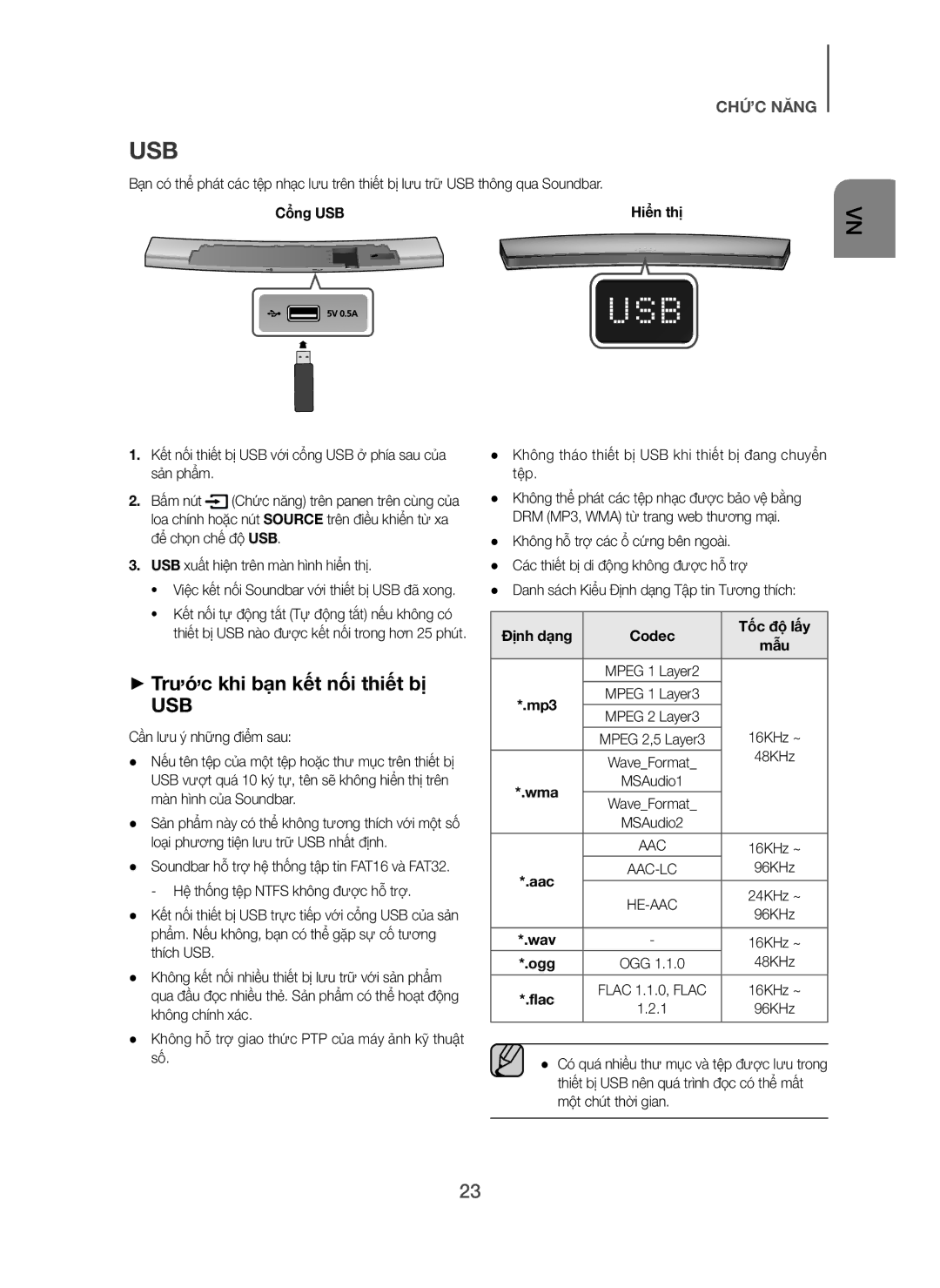 Samsung HW-H7501/XV manual Usb, + Trước khi bạn kết nối thiết bị, Cổng USB, Định dạng Codec Tốc độ lấy 