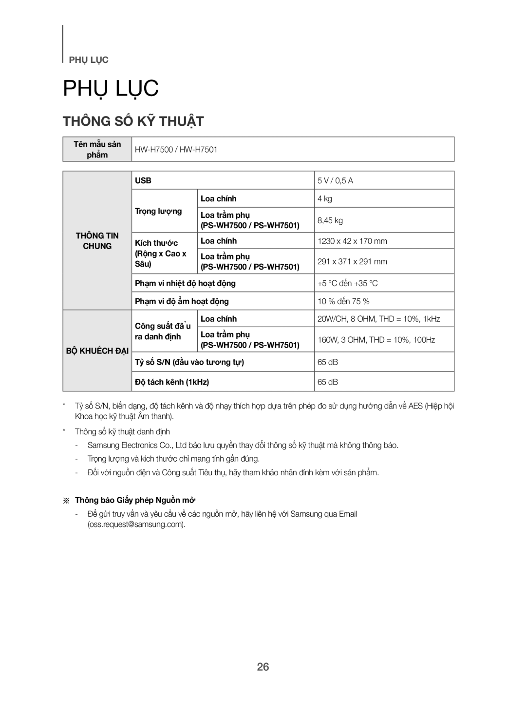 Samsung HW-H7501/XV manual Phụ Lục, Thông SỐ KỸ Thuật 