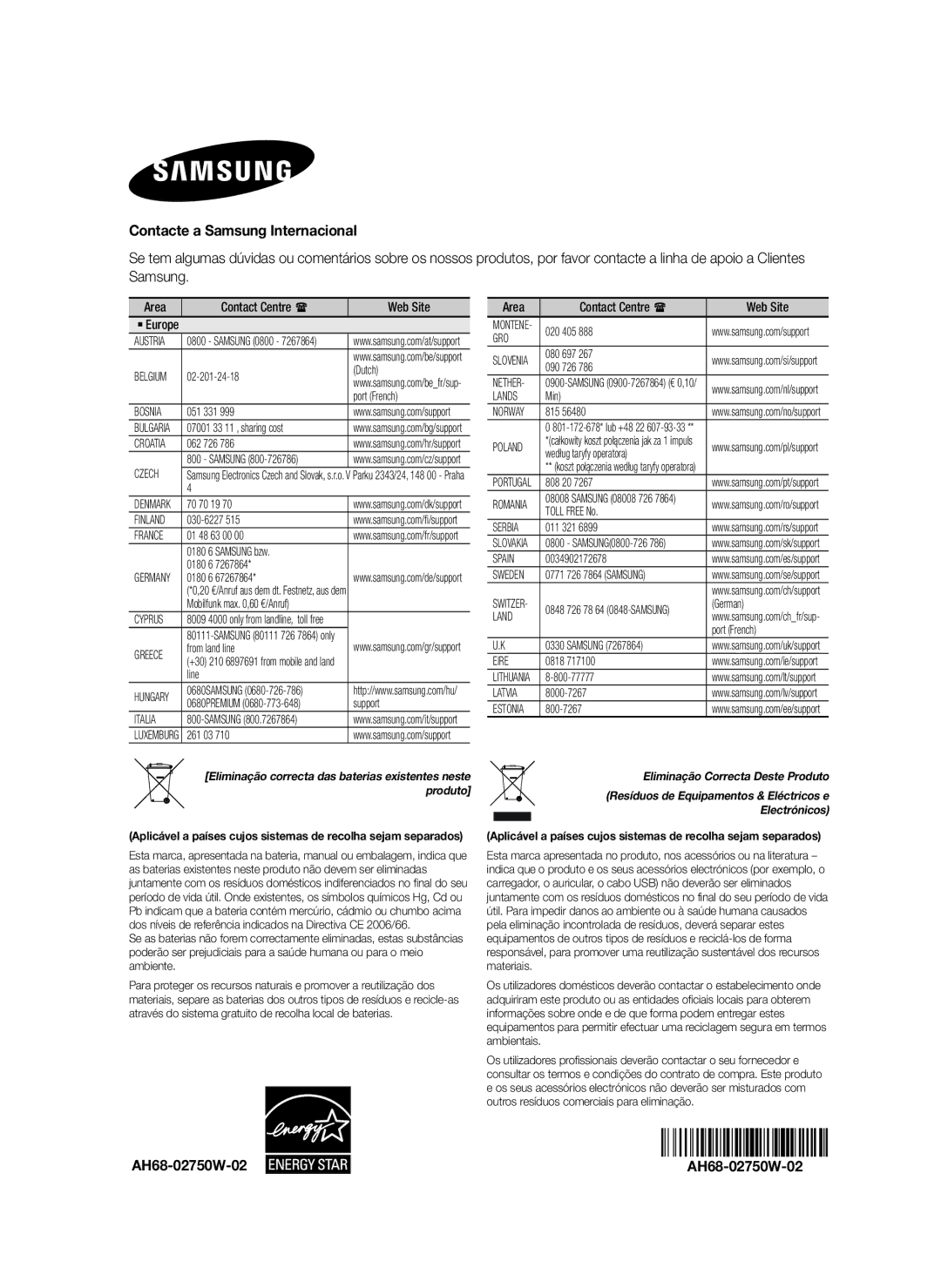 Samsung HW-H7501/ZF, HW-H7500/ZF manual Contacte a Samsung Internacional, AH68-02750W-02 