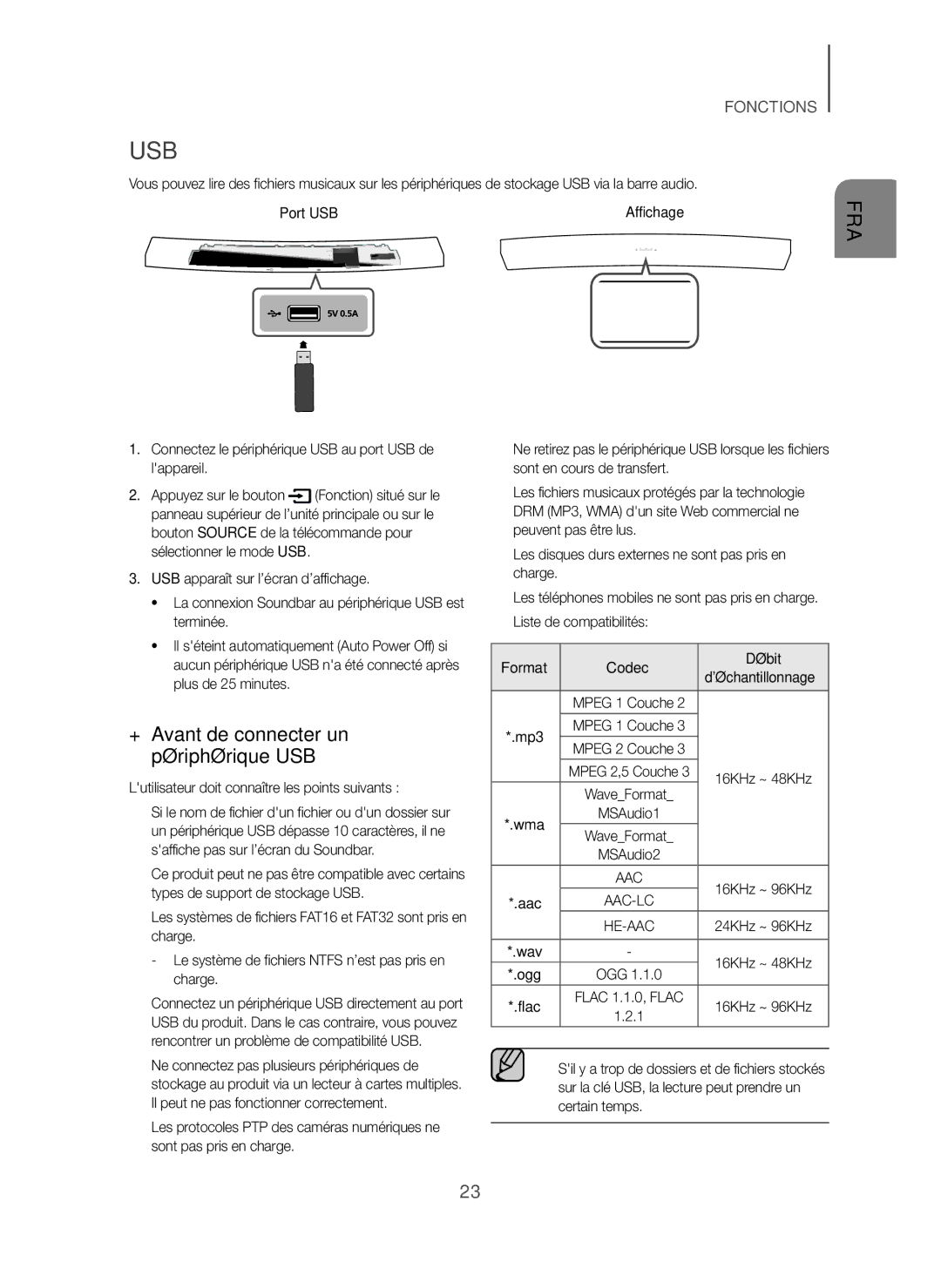 Samsung HW-H7500/ZF, HW-H7501/ZF manual Usb, + Avant de connecter un périphérique USB, Port USB, Format Codec Débit, Ogg 