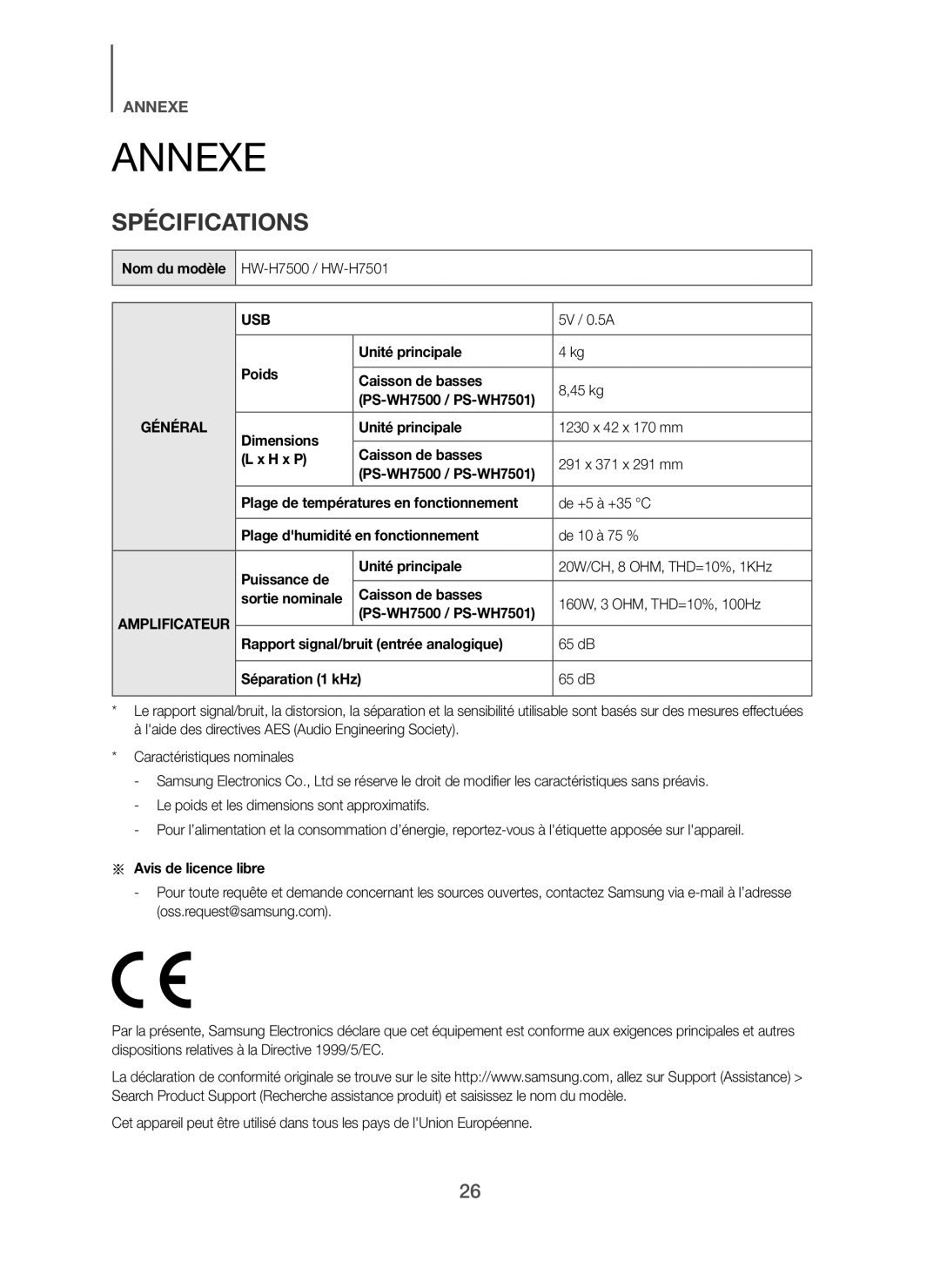Samsung HW-H7501/ZF, HW-H7500/ZF manual Annexe, Spécifications, Usb 
