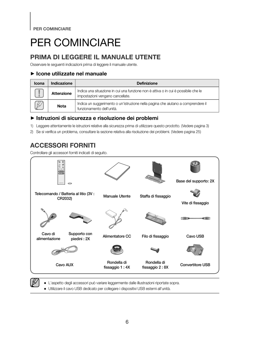 Samsung HW-H7500/ZF PER Cominciare, Prima DI Leggere IL Manuale Utente, Accessori Forniti, + Icone utilizzate nel manuale 