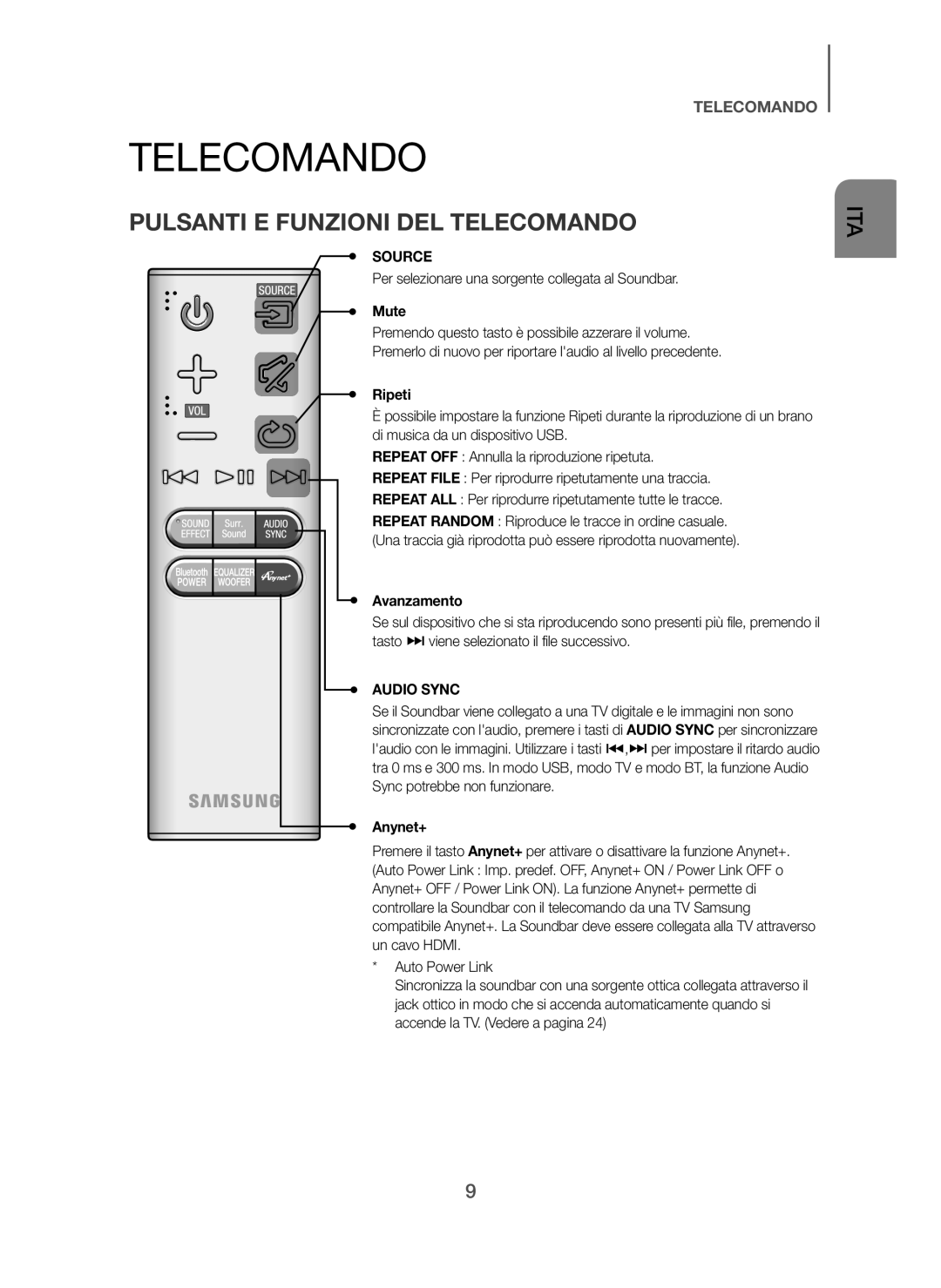 Samsung HW-H7501/ZF, HW-H7500/ZF manual Pulsanti E Funzioni DEL Telecomando, Mute, Ripeti, Avanzamento 
