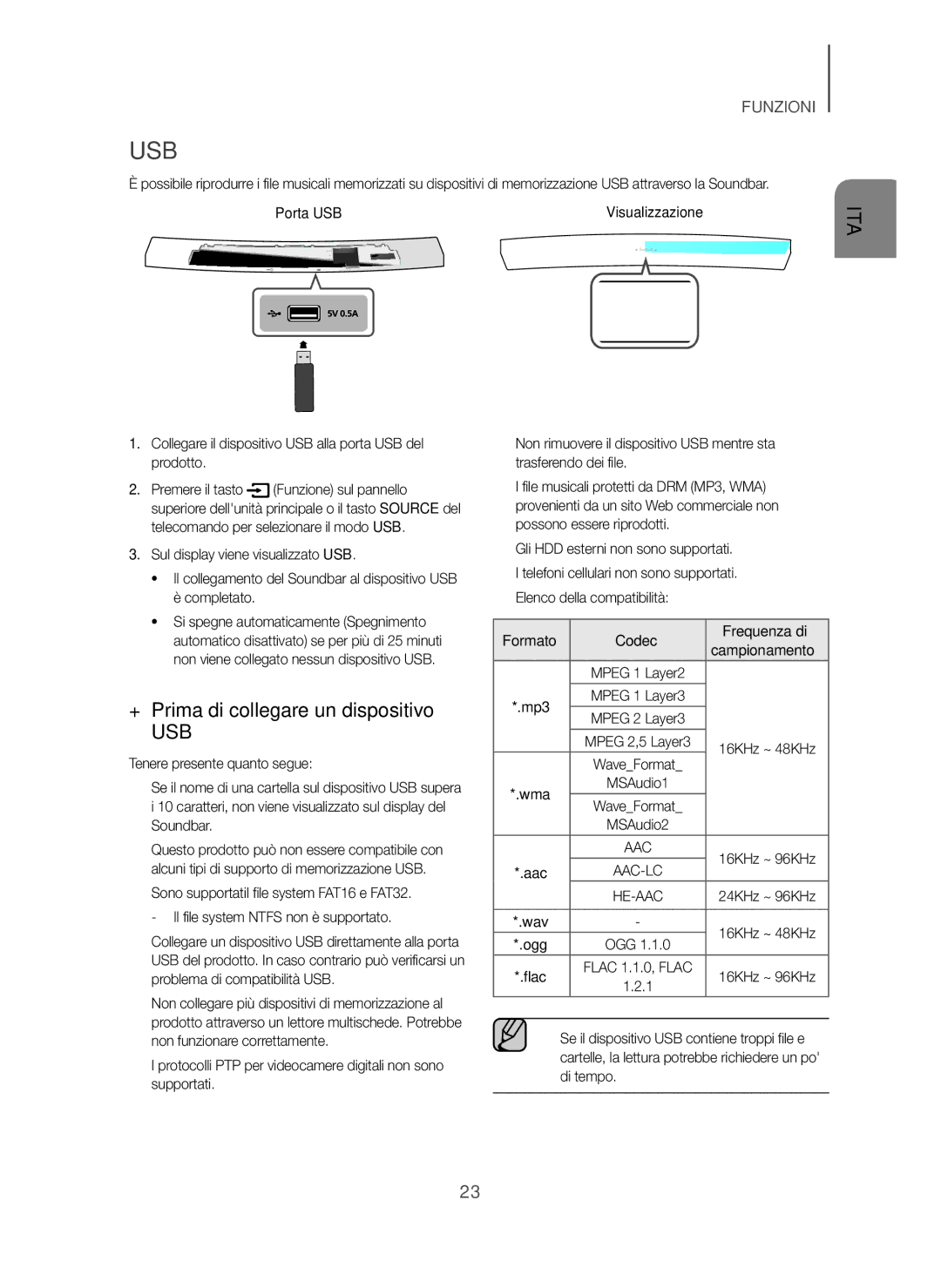 Samsung HW-H7501/ZF, HW-H7500/ZF manual + Prima di collegare un dispositivo, Porta USB, Formato Codec Frequenza di 