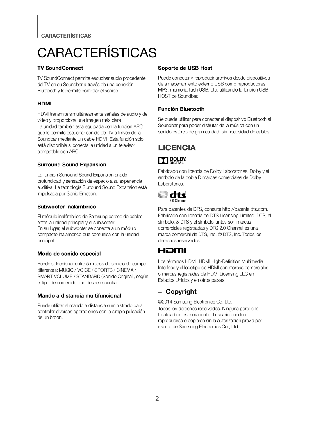 Samsung HW-H7501/ZF, HW-H7500/ZF manual Características, Licencia 