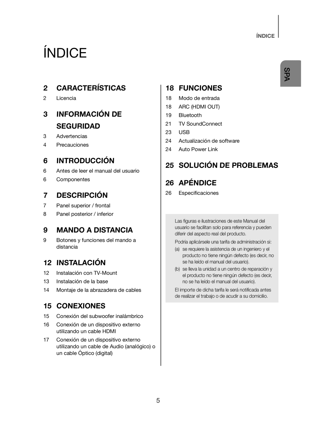 Samsung HW-H7500/ZF, HW-H7501/ZF manual Índice, Podría aplicársele una tarifa de administración si 