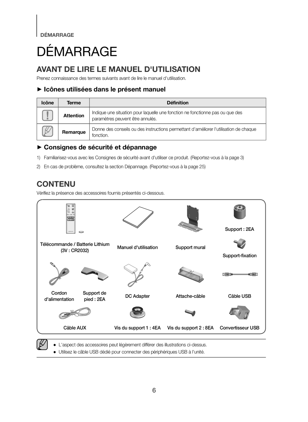 Samsung HW-H7501/ZF Démarrage, Avant DE Lire LE Manuel Dutilisation, Contenu, + Icônes utilisées dans le présent manuel 