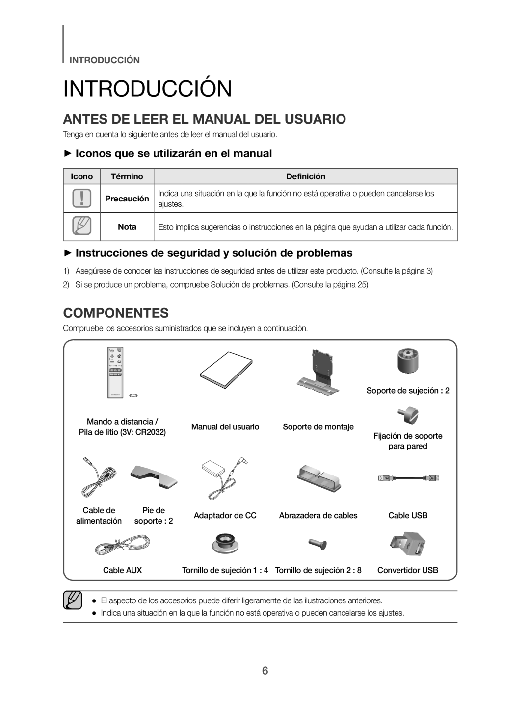 Samsung HW-H7501/ZF, HW-H7500/ZF manual Introducción, Antes DE Leer EL Manual DEL Usuario, Componentes 