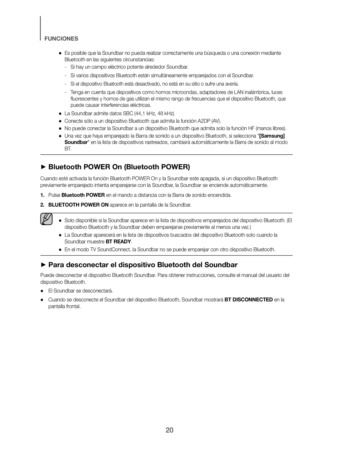 Samsung HW-H7501/ZF manual + Bluetooth Power On Bluetooth Power, + Para desconectar el dispositivo Bluetooth del Soundbar 