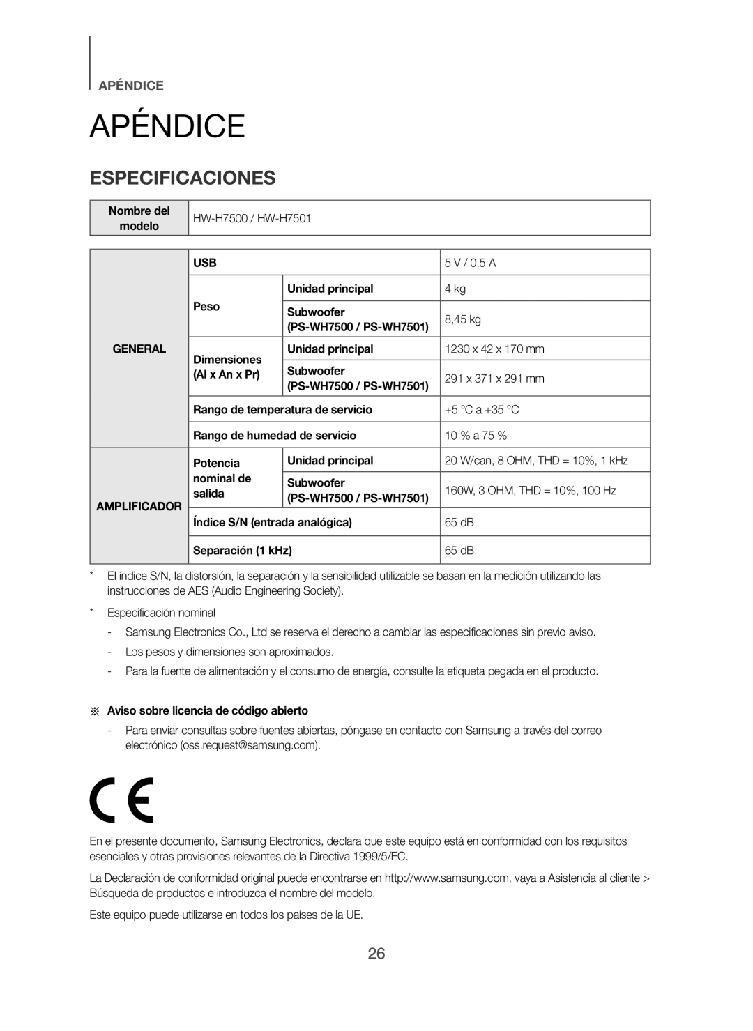 Samsung HW-H7501/ZF, HW-H7500/ZF manual Apéndice, Especificaciones 