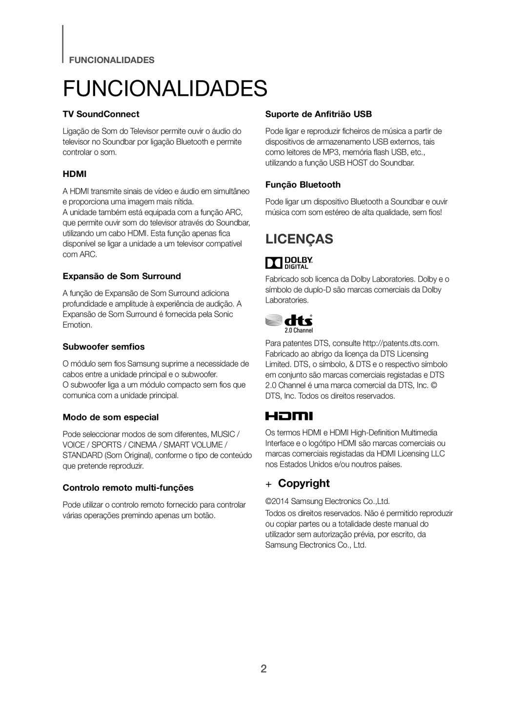 Samsung HW-H7500/ZF, HW-H7501/ZF manual Funcionalidades, Licenças 