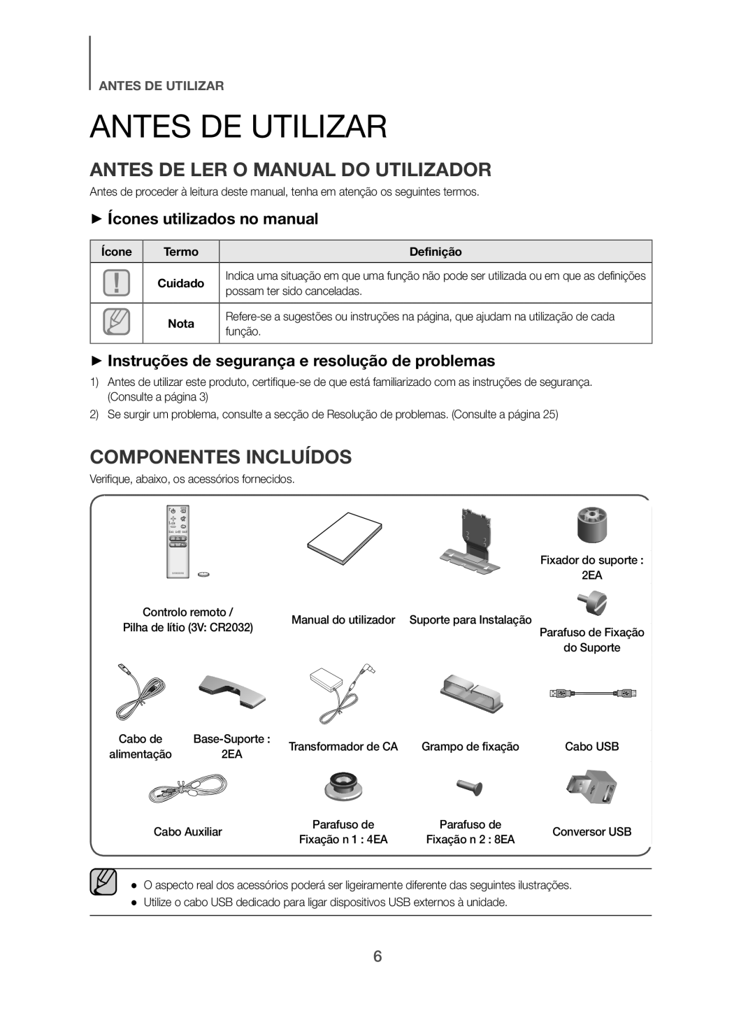 Samsung HW-H7500/ZF, HW-H7501/ZF manual Antes DE Utilizar, Antes DE LER O Manual do Utilizador, Componentes Incluídos 
