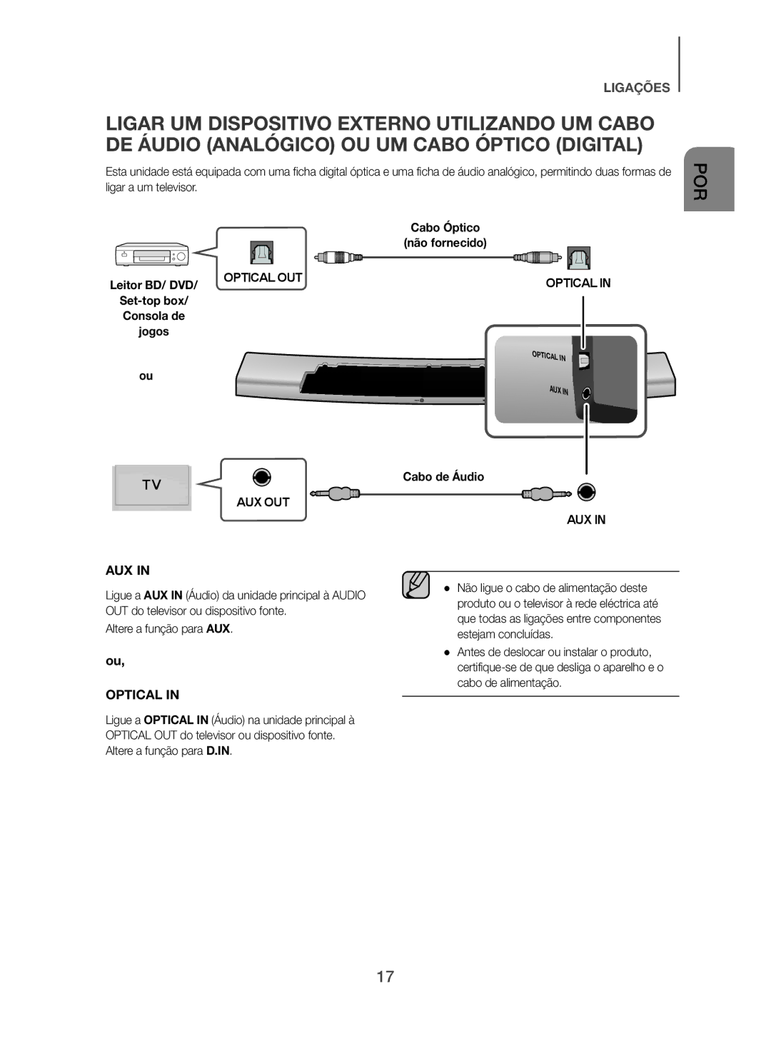 Samsung HW-H7501/ZF, HW-H7500/ZF manual Altere a função para AUX, Cabo de Áudio 