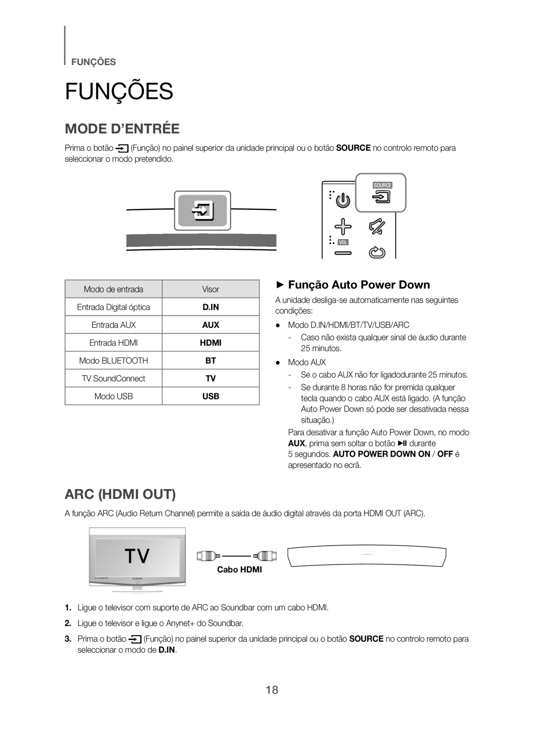 Samsung HW-H7500/ZF Funções, + Função Auto Power Down, Segundos. Auto Power Down on / OFF é apresentado no ecrã, Cabo Hdmi 