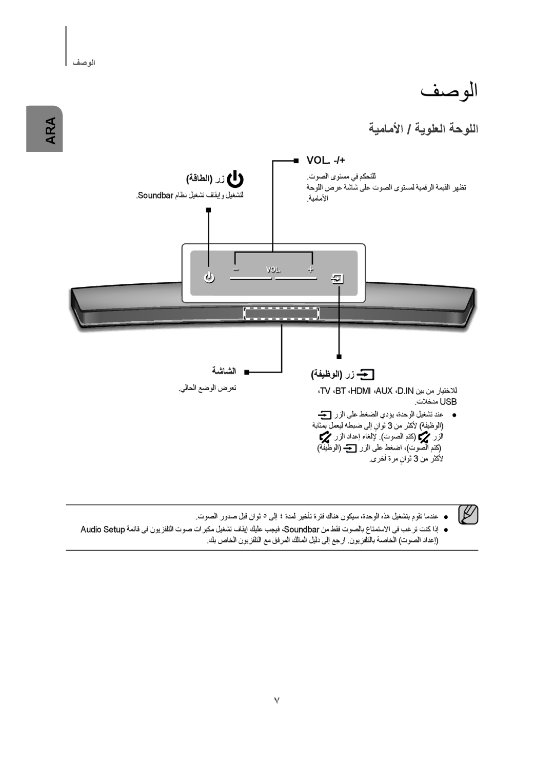 Samsung HW-H7501/ZN, HW-H7501/UM, HW-H7501/SJ manual ﻑﺻﻭﻟﺍ, ﺔﻳﻣﺎﻣﻷﺍ / ﺔﻳﻭﻠﻌﻟﺍ ﺔﺣﻭﻠﻟﺍ 