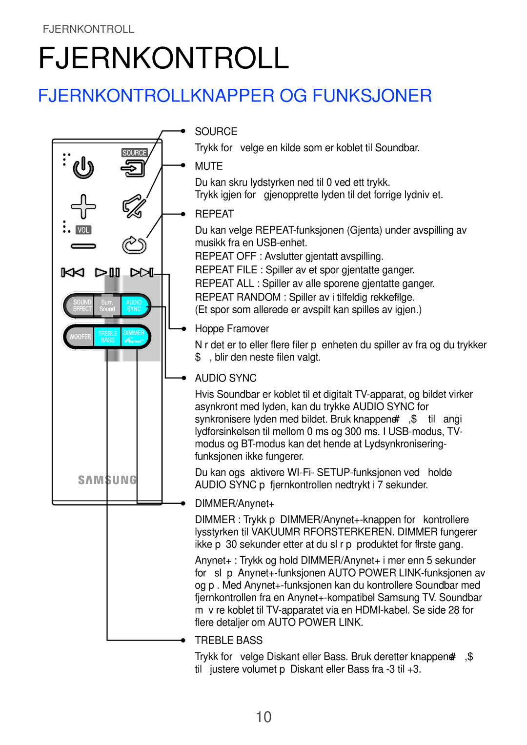 Samsung HW-F751/XE, HW-H750/XE, HW-H751/XE manual Fjernkontrollknapper og funksjoner 