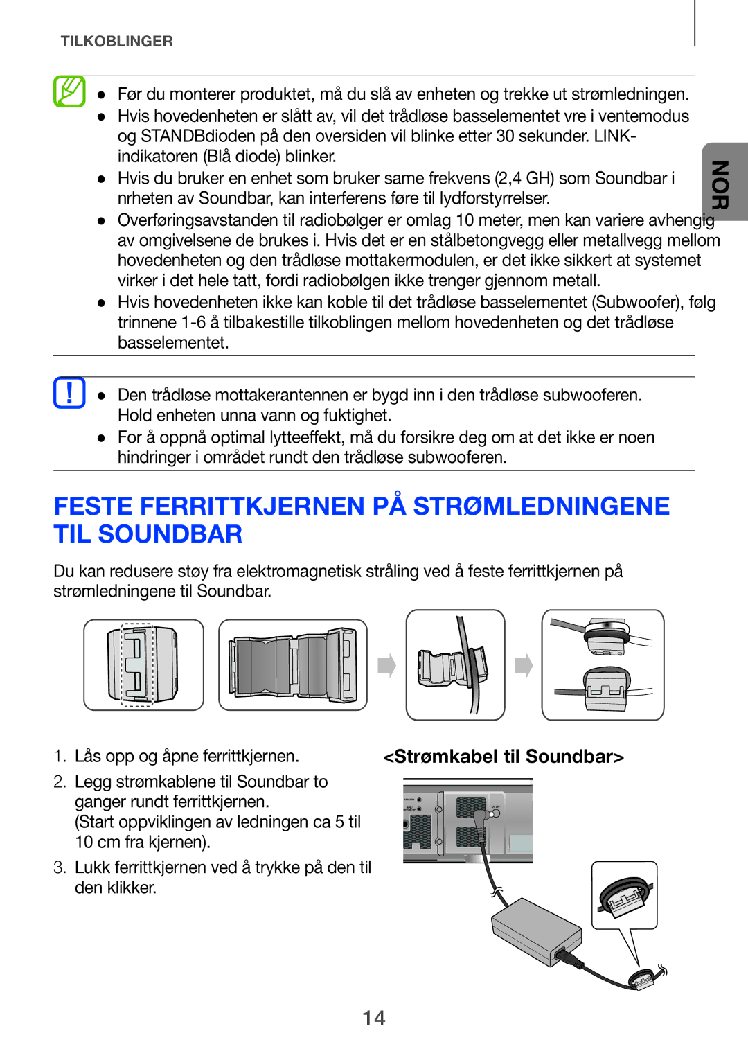 Samsung HW-H751/XE, HW-H750/XE, HW-F751/XE manual Feste Ferrittkjernen på Strømledningene til Soundbar, Den klikker 