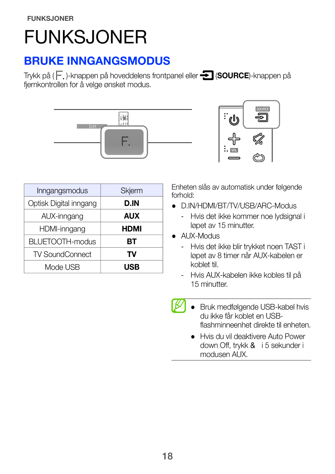 Samsung HW-H750/XE, HW-F751/XE, HW-H751/XE manual Funksjoner, Bruke inngangsmodus, Fjernkontrollen for å velge ønsket modus 